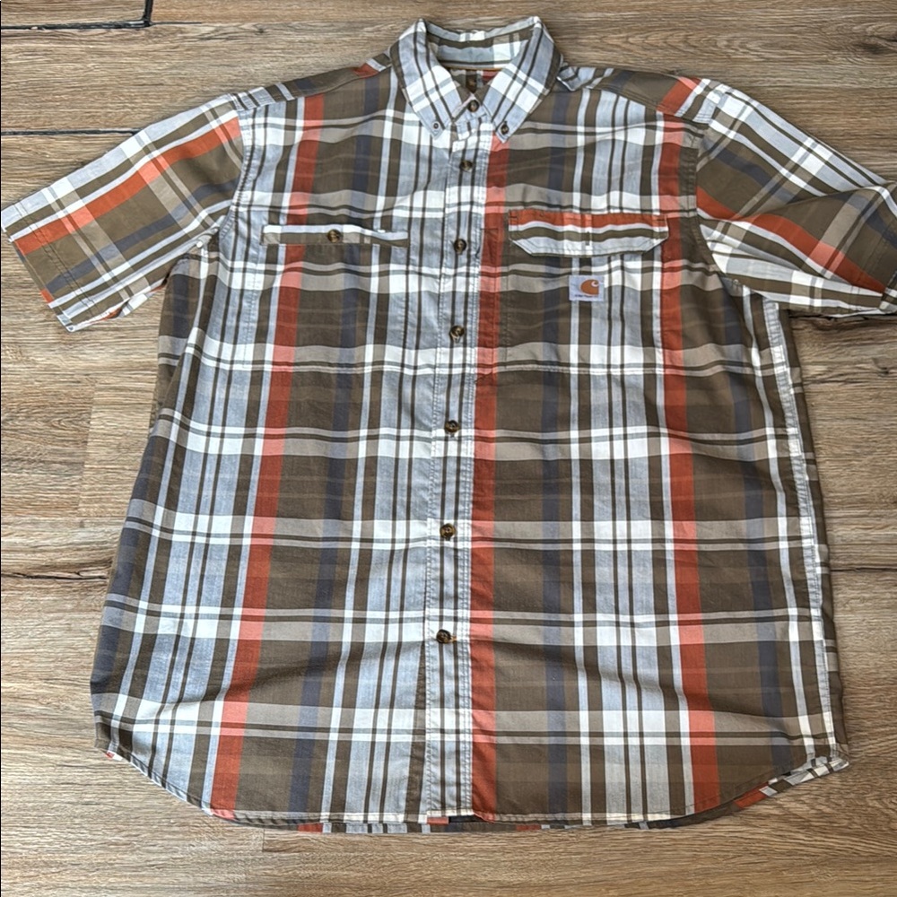Carhartt Men's Plaid Relaxed Fit Short Sleeve Shirt - Brown and Orange Size L